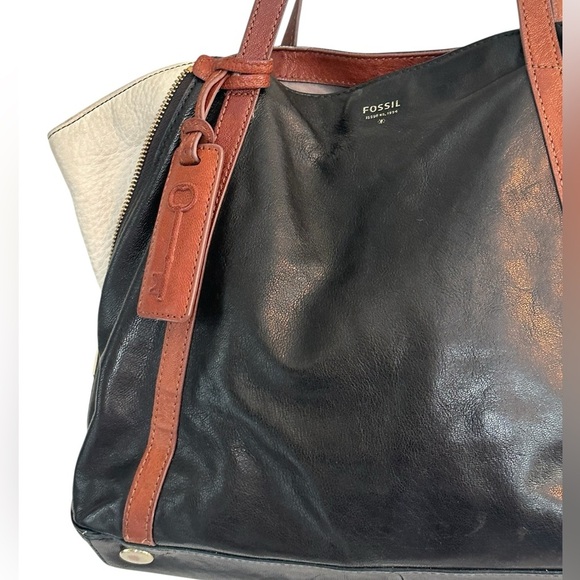 Fossil 2 in One Tote Expandable Black Brown Goat Hide Leather Side Zippers - Picture 3 of 11